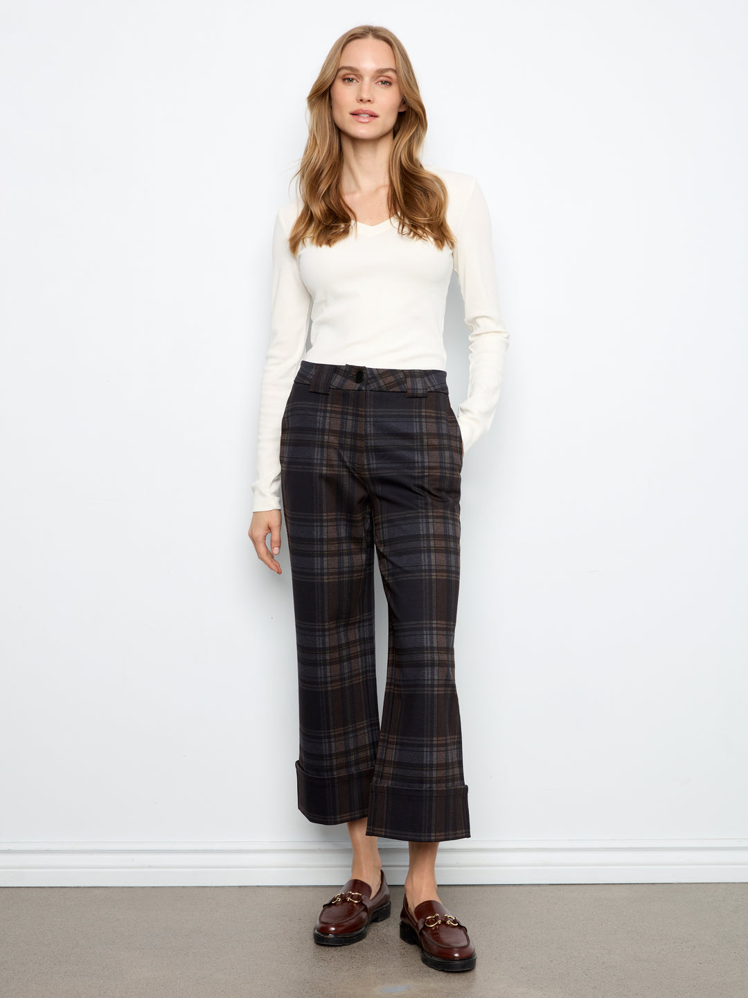 Chocolate Plaid Cuffed Hem Cropped Ponte Pant