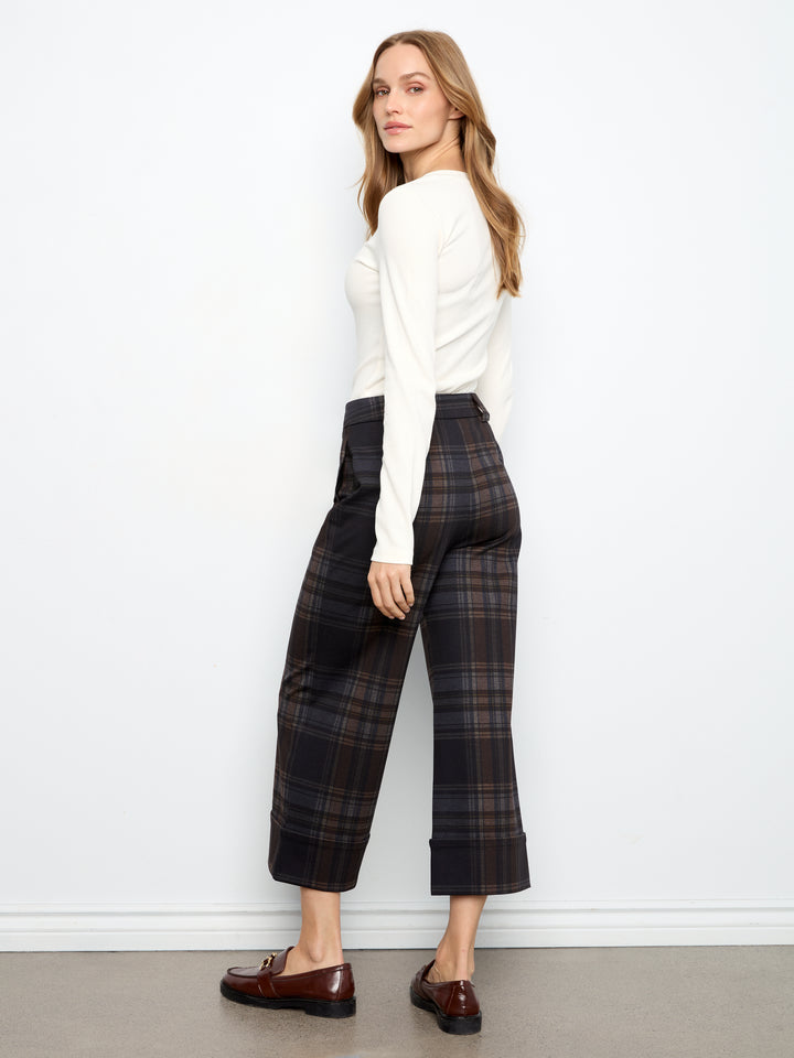 Chocolate Plaid Cuffed Hem Cropped Ponte Pant