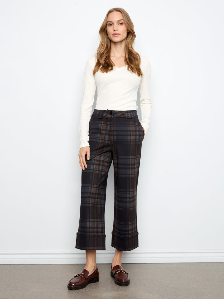 Chocolate Plaid Cuffed Hem Cropped Ponte Pant
