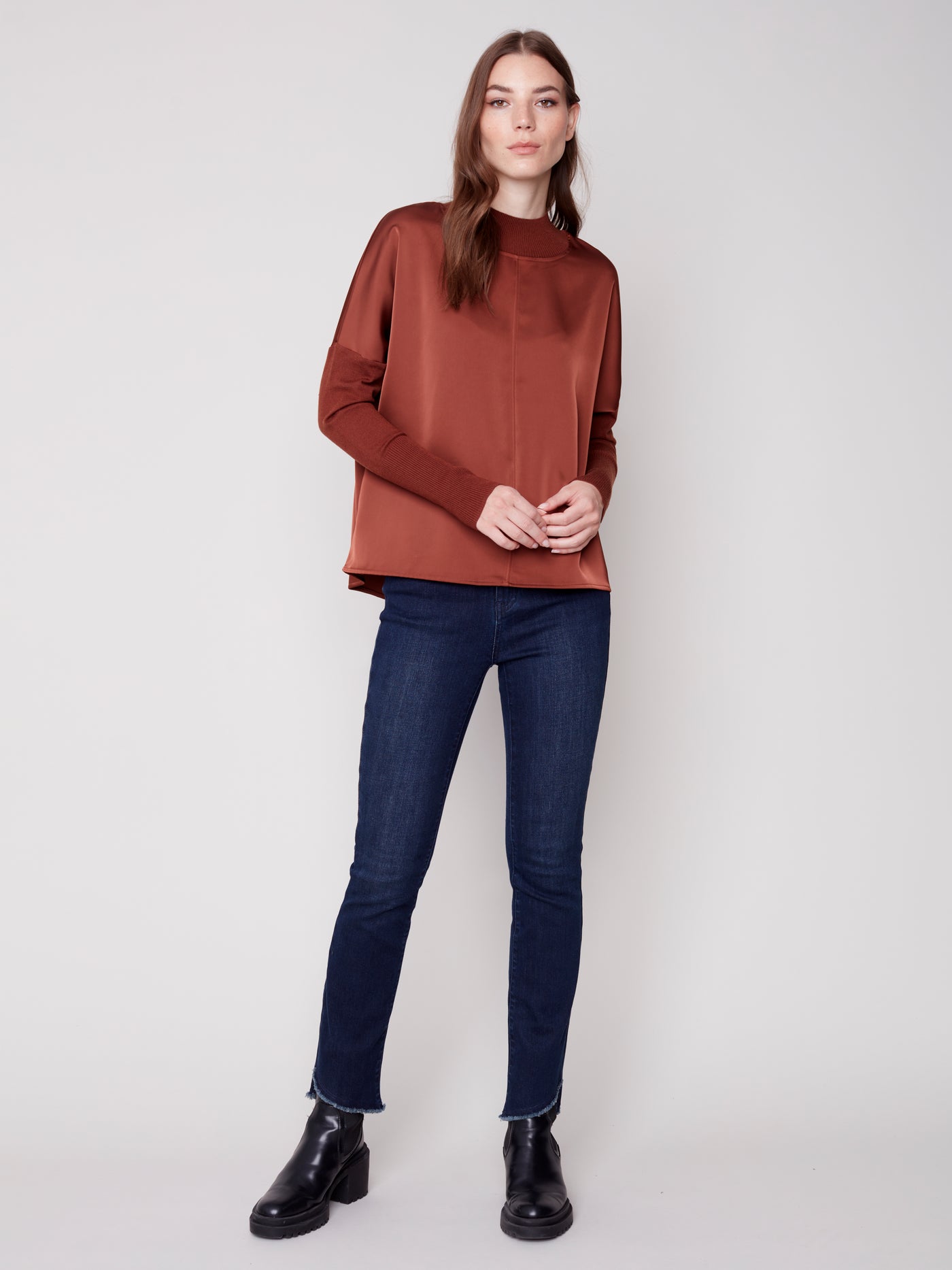 Cinnamon Satin & Knit Mock Neck Top