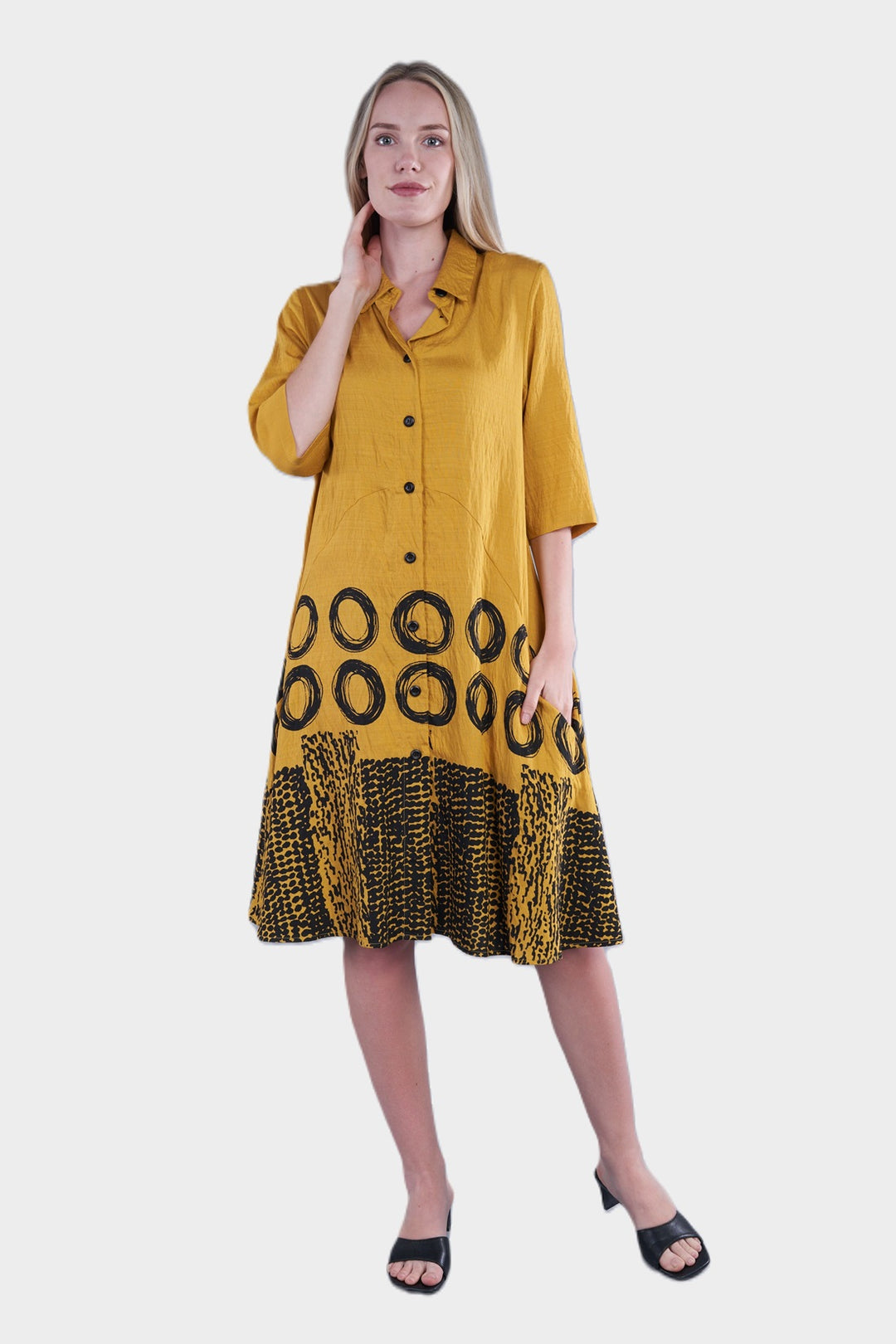 Circle Print Collar Dress With Pockets