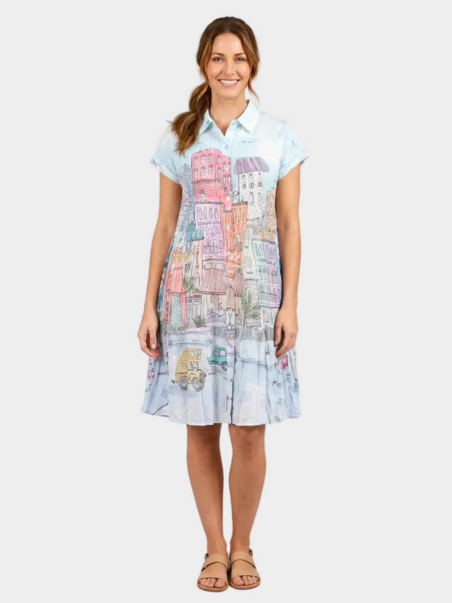 City Circus Print Crinkle Shirt Dress