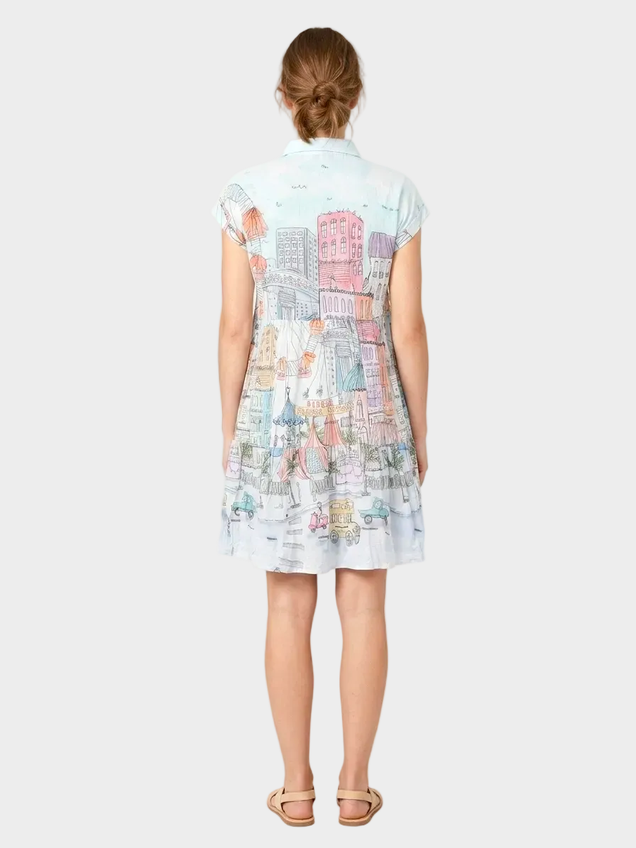 City Circus Print Crinkle Shirt Dress