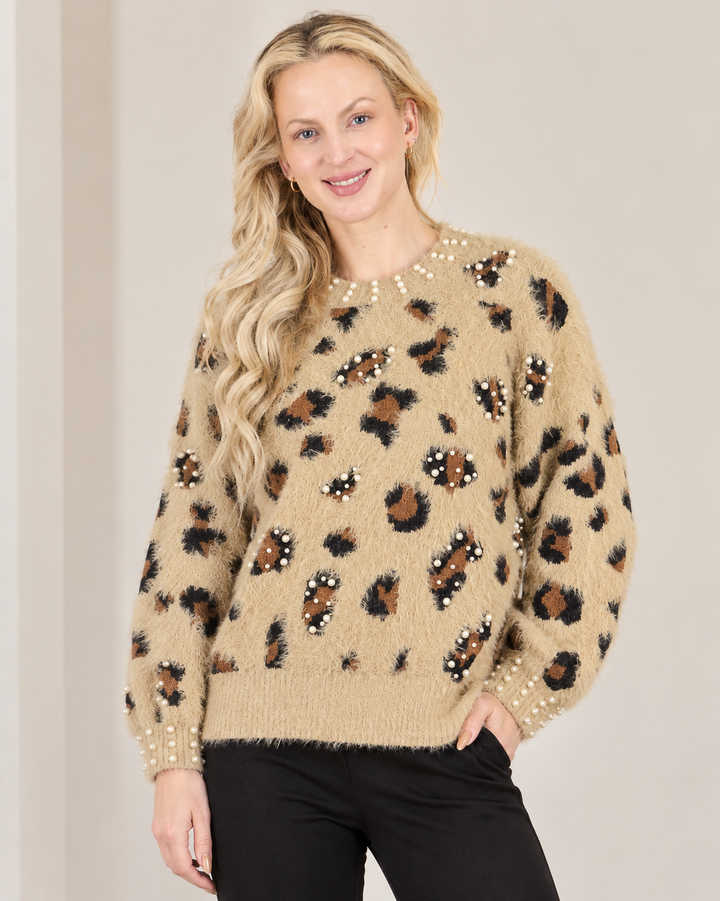 Classy Leopard Sweater with Pearls