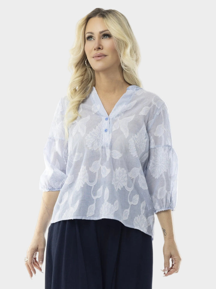 Clipped Jacquard Puffed Sleeve Top