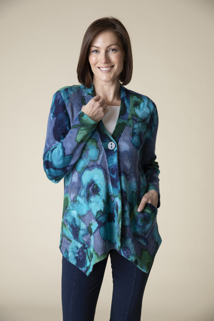 Cobalt Abstract Floral Drapey Pocket Jacket