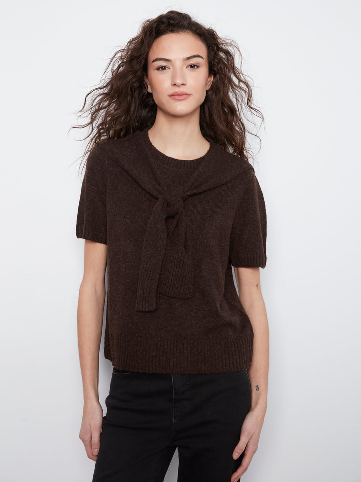 Coffee Faux Layered Short Sleeve Sweater