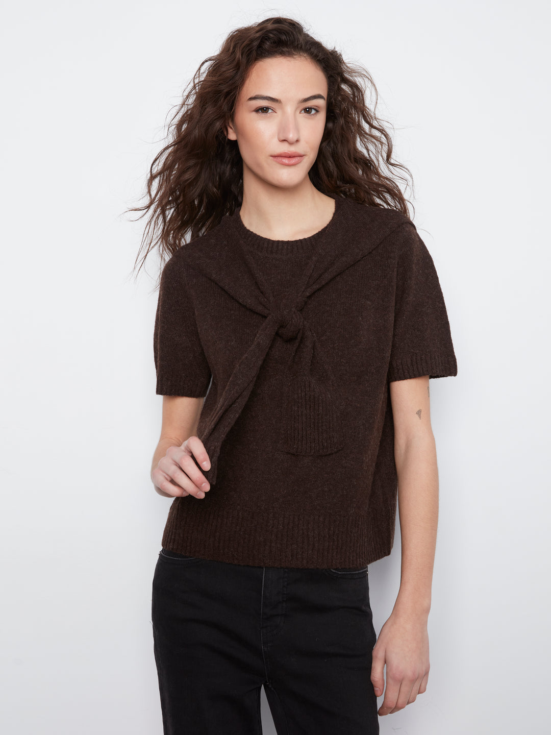 Coffee Faux Layered Short Sleeve Sweater
