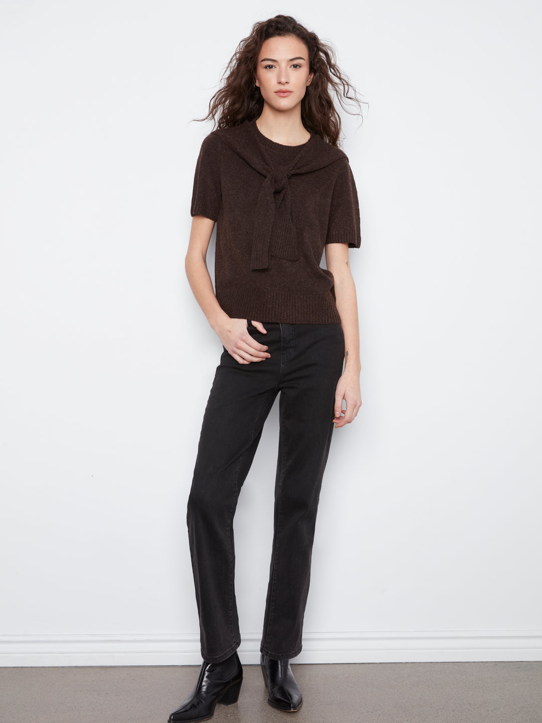 Coffee Faux Layered Short Sleeve Sweater
