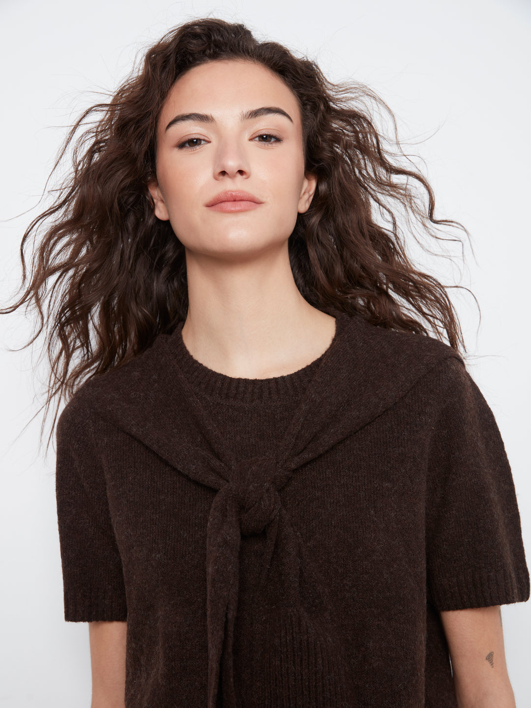 Coffee Faux Layered Short Sleeve Sweater