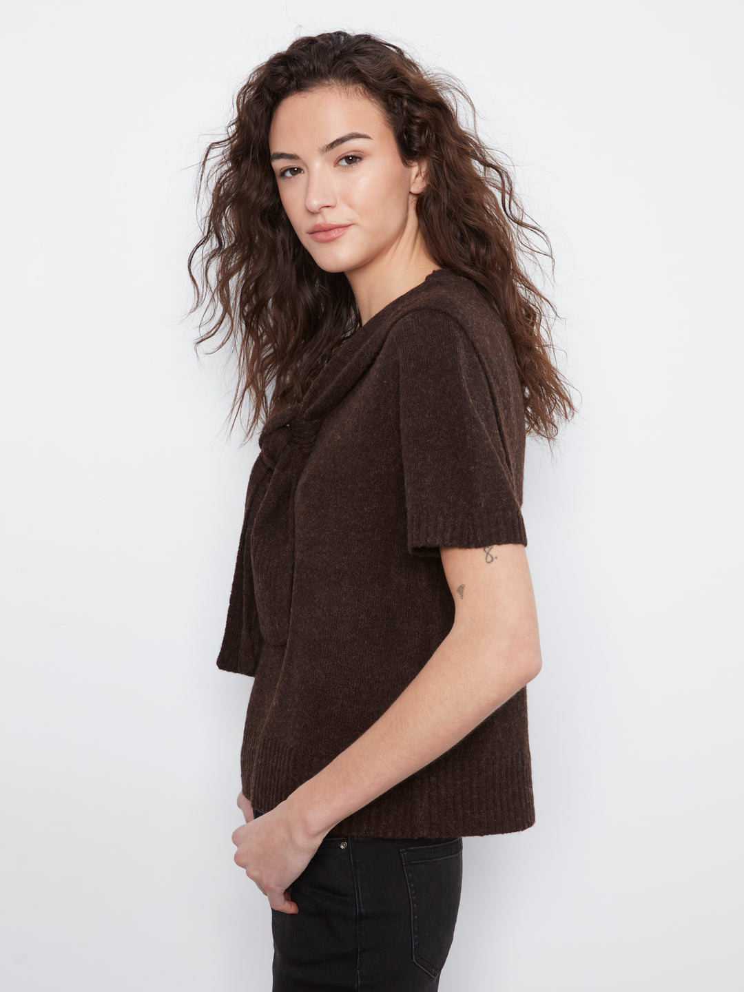 Coffee Faux Layered Short Sleeve Sweater