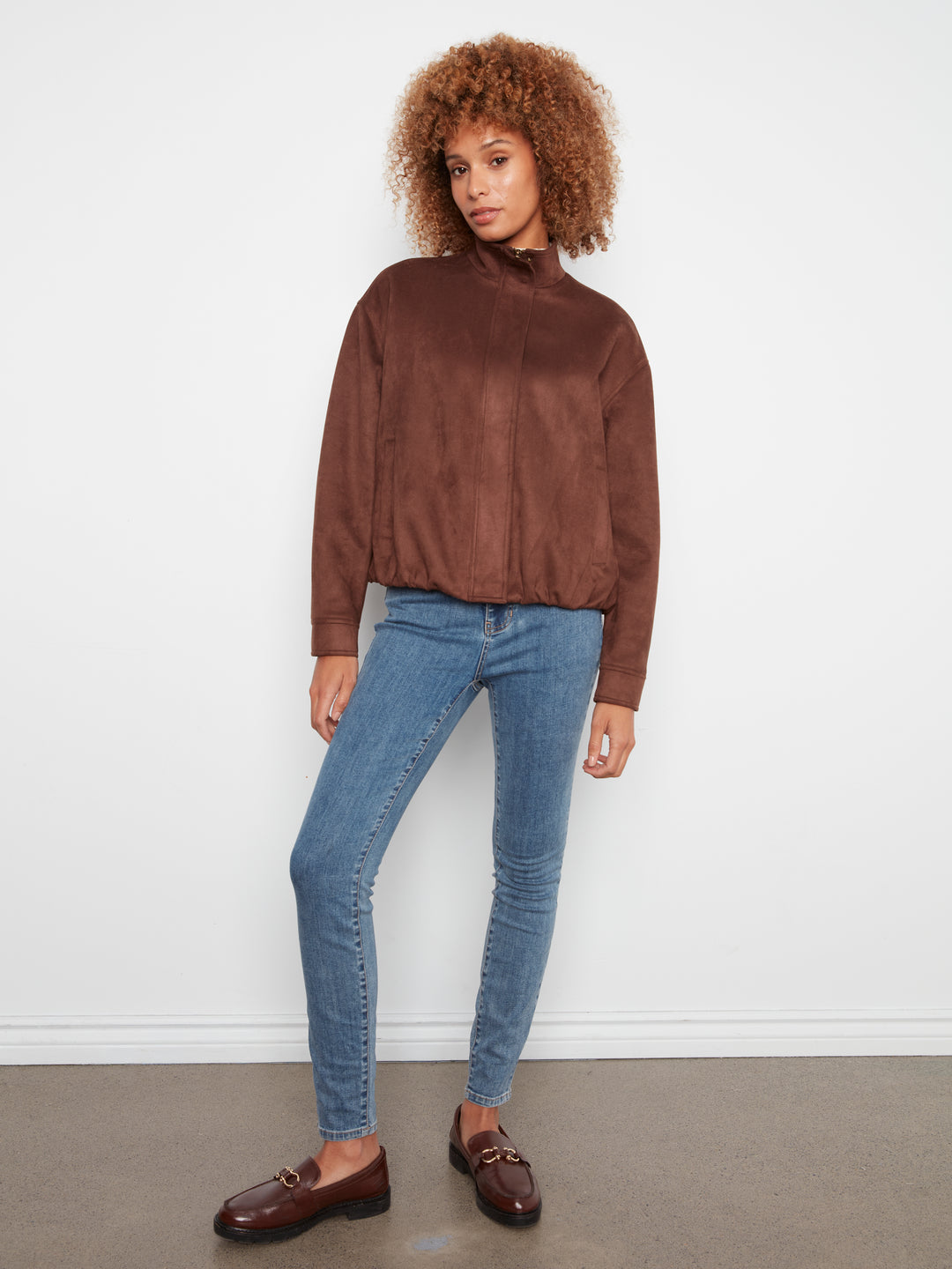 Coffee Faux Suede Blouson Zip Jacket