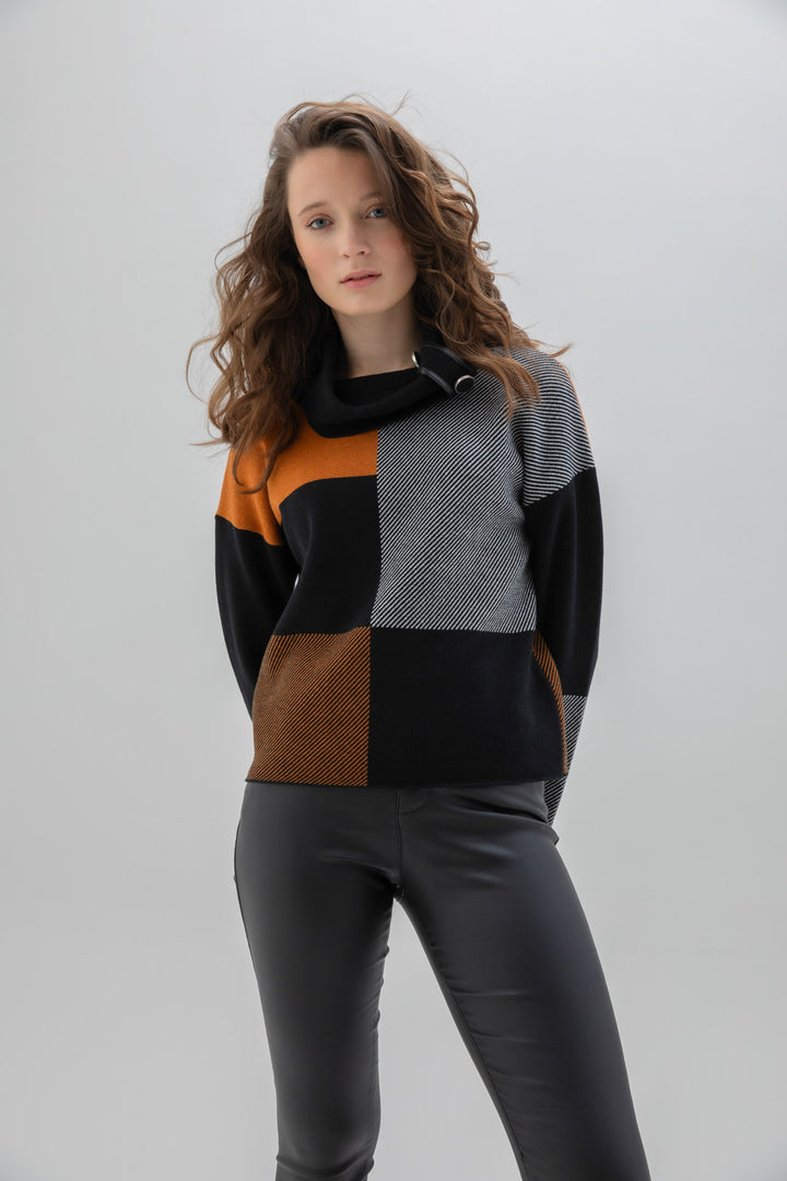 Colour Block Button Cowl Sweater