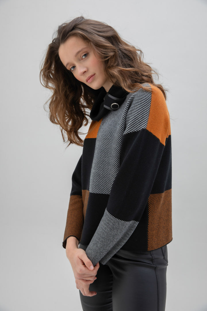 Colour Block Button Cowl Sweater