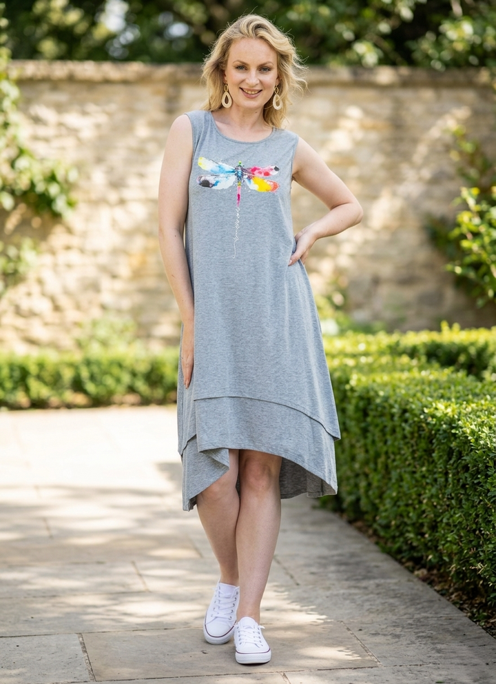 Colourful Dragonfly Grey Layered Dress