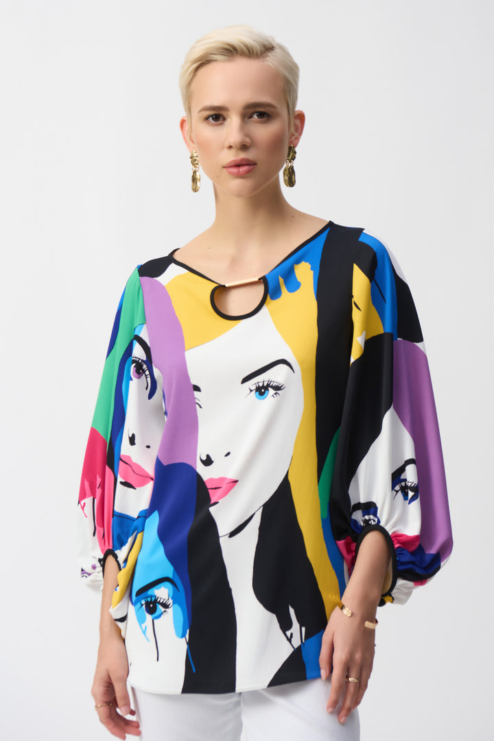 Colourful Face Print Keyhole Blouse