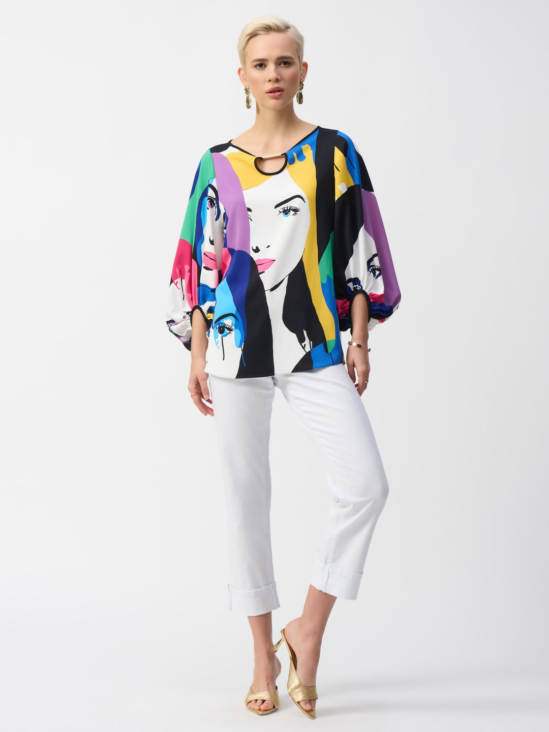 Colourful Face Print Keyhole Blouse