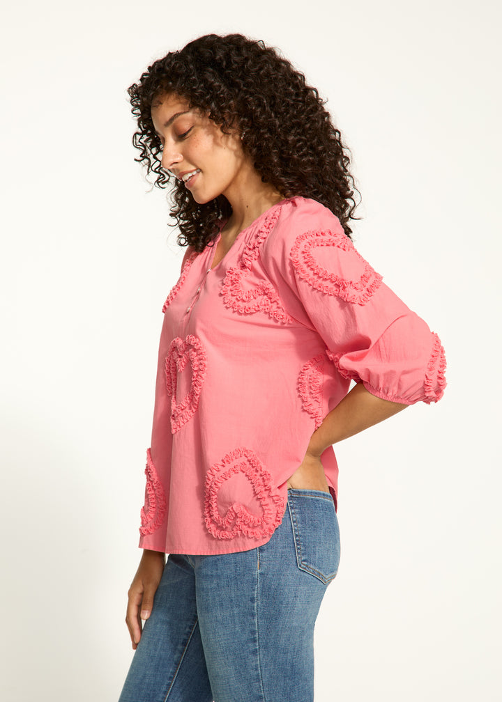 Coral Heart Embellished Cotton Blouse