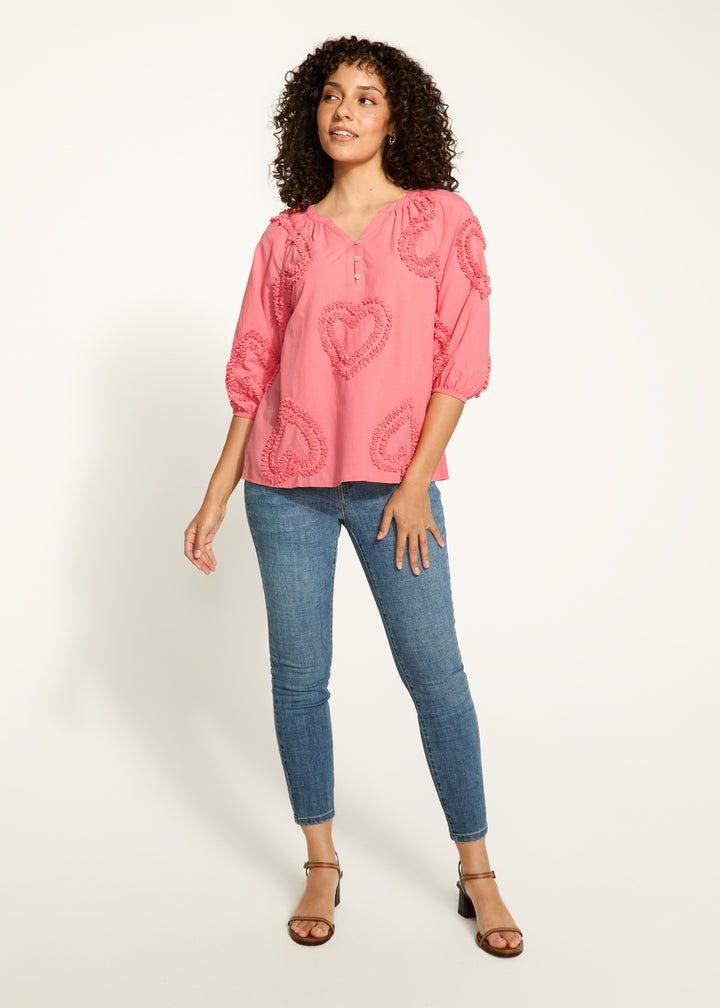 Coral Heart Embellished Cotton Blouse