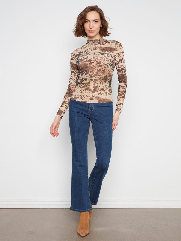 Country Print Mesh Knit Side Ruched Top