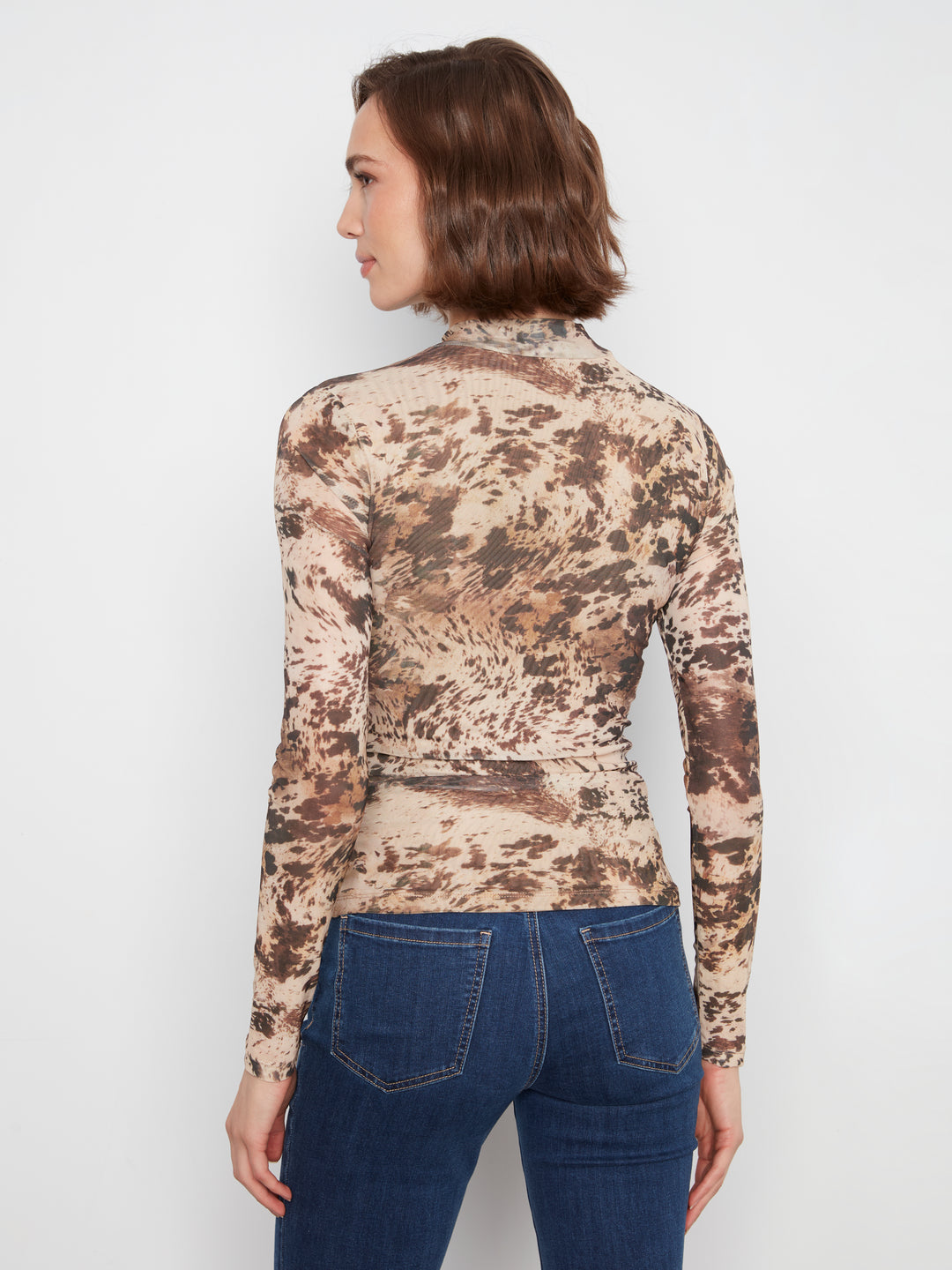 Country Print Mesh Knit Side Ruched Top