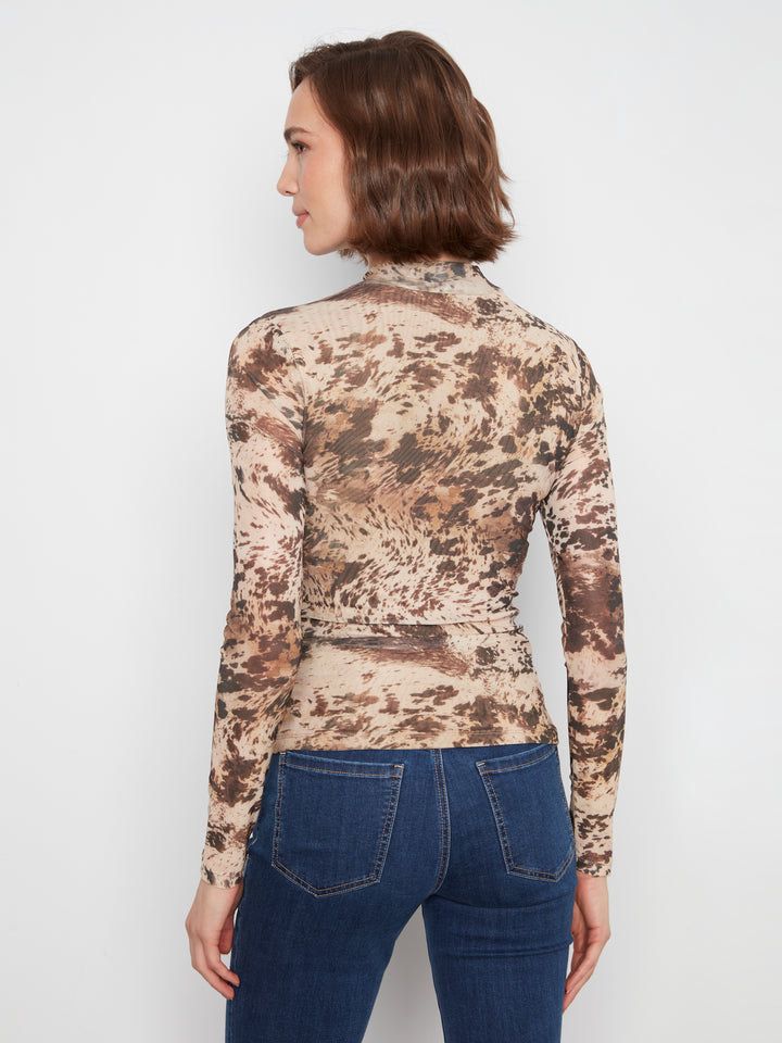 Country Print Mesh Knit Side Ruched Top