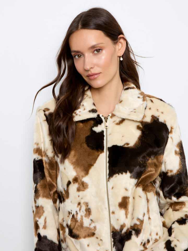 Cow Print Faux Fur Jacket