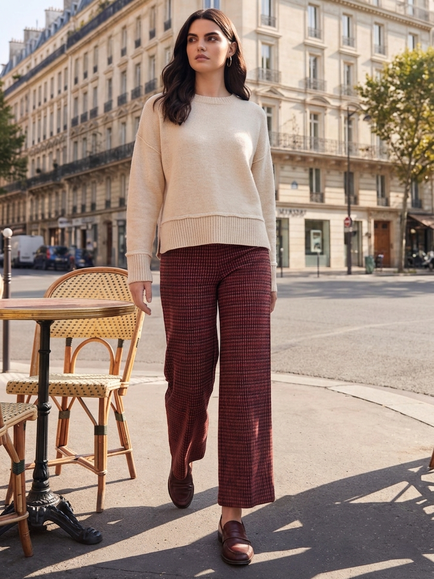 Cranberry Check Wide Leg Crop Pant