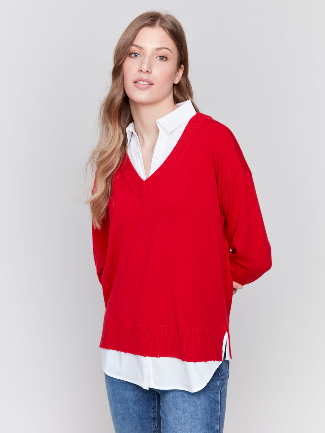 Cranberry Fooler Sweater With Shirt Collar