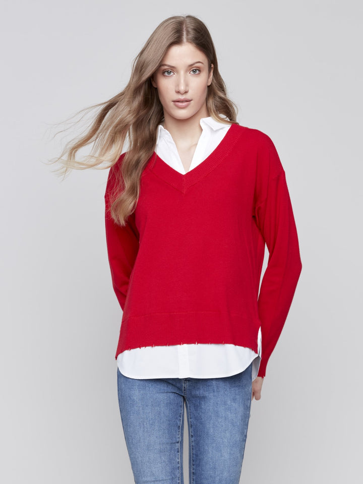 Cranberry Fooler Sweater With Shirt Collar