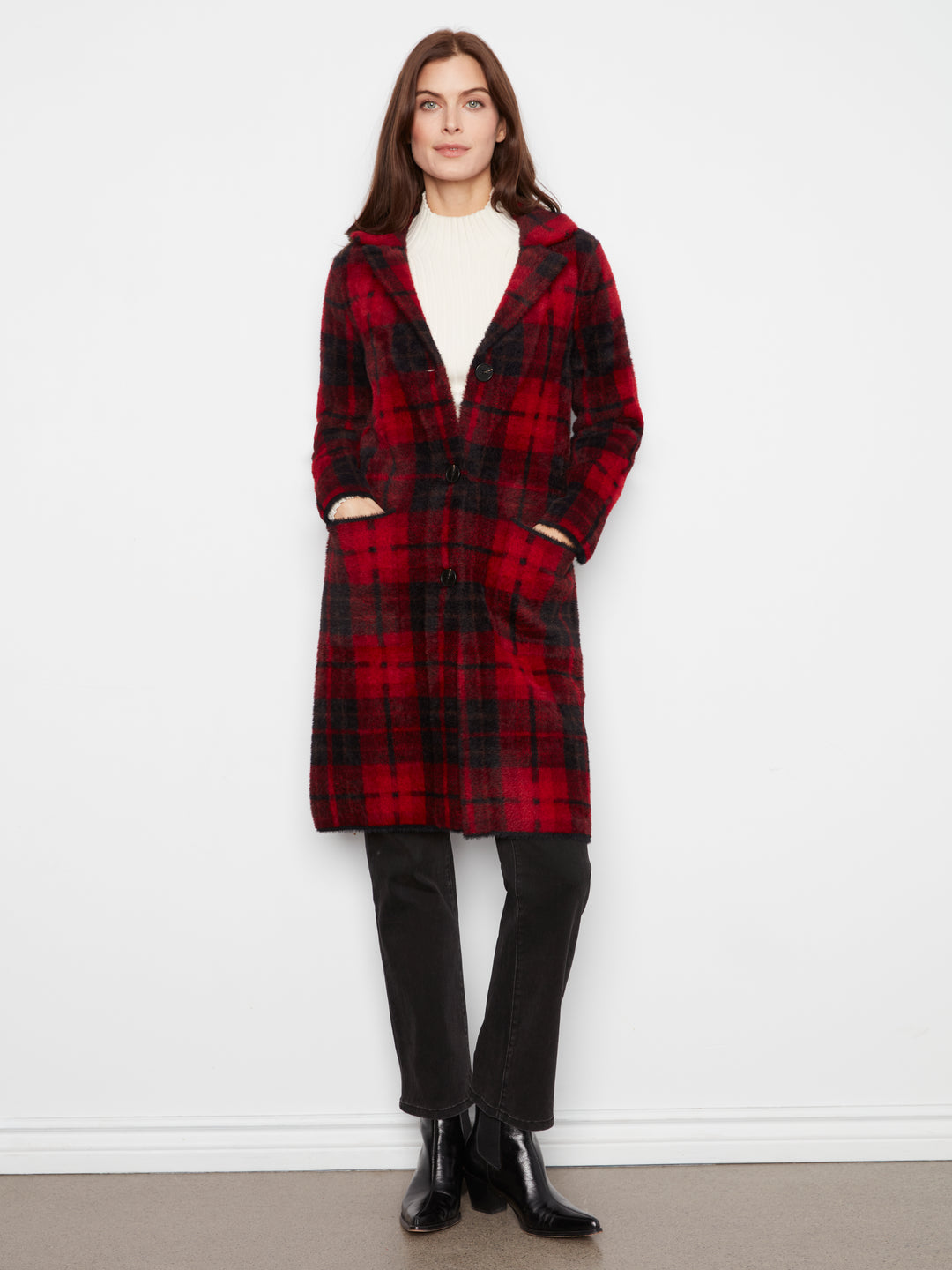 Cranberry Plaid Patch Pocket Knit Coatigan