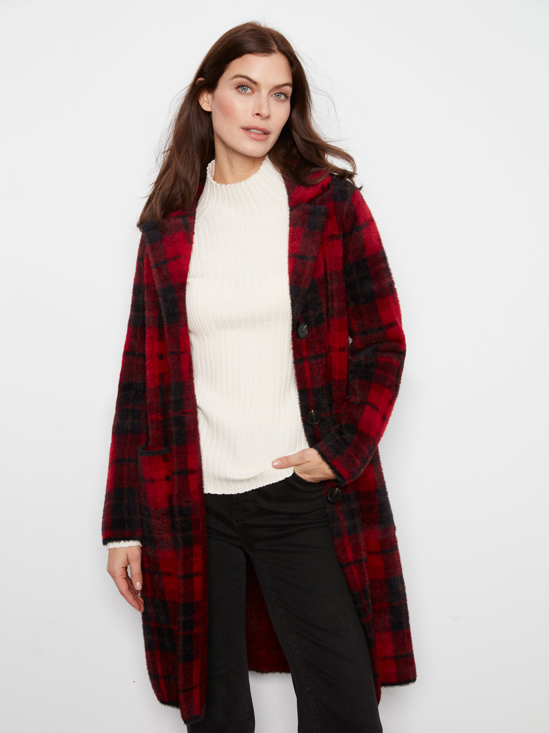 Cranberry Plaid Patch Pocket Knit Coatigan
