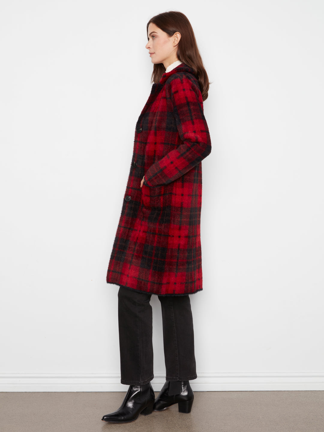 Cranberry Plaid Patch Pocket Knit Coatigan
