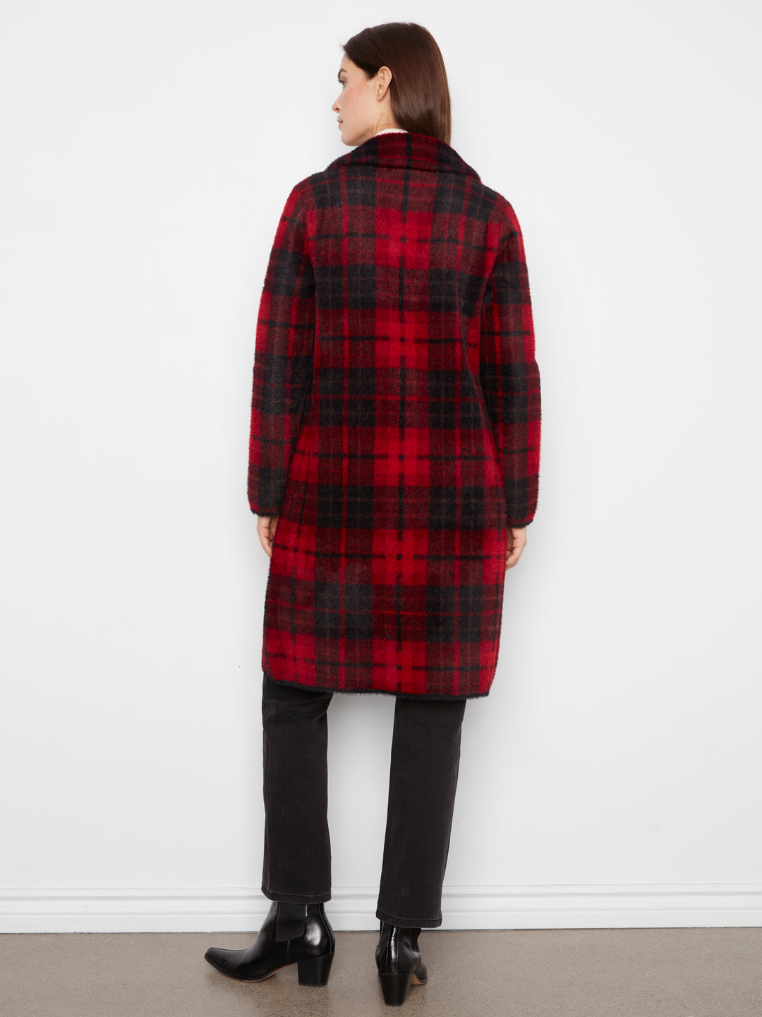 Cranberry Plaid Patch Pocket Knit Coatigan