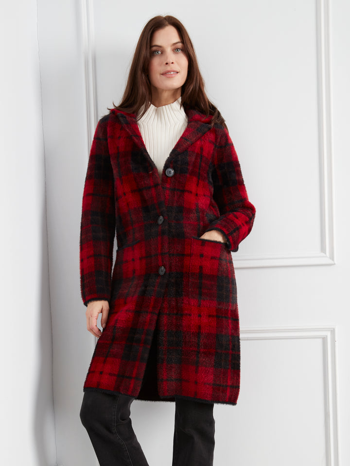Cranberry Plaid Patch Pocket Knit Coatigan