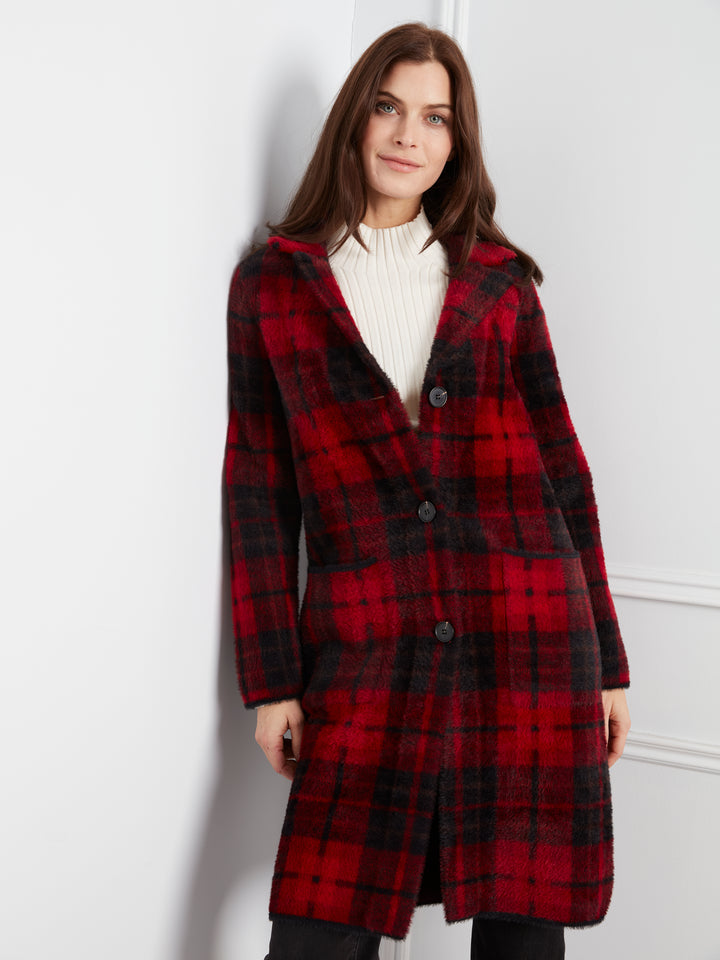 Cranberry Plaid Patch Pocket Knit Coatigan