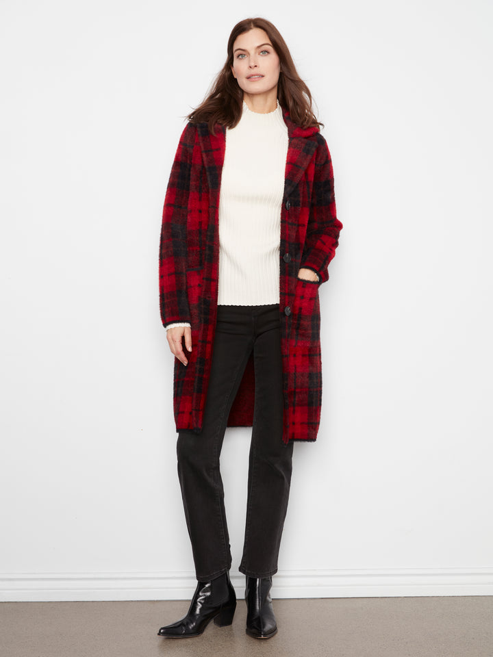 Cranberry Plaid Patch Pocket Knit Coatigan