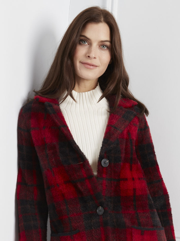 Cranberry Plaid Patch Pocket Knit Coatigan