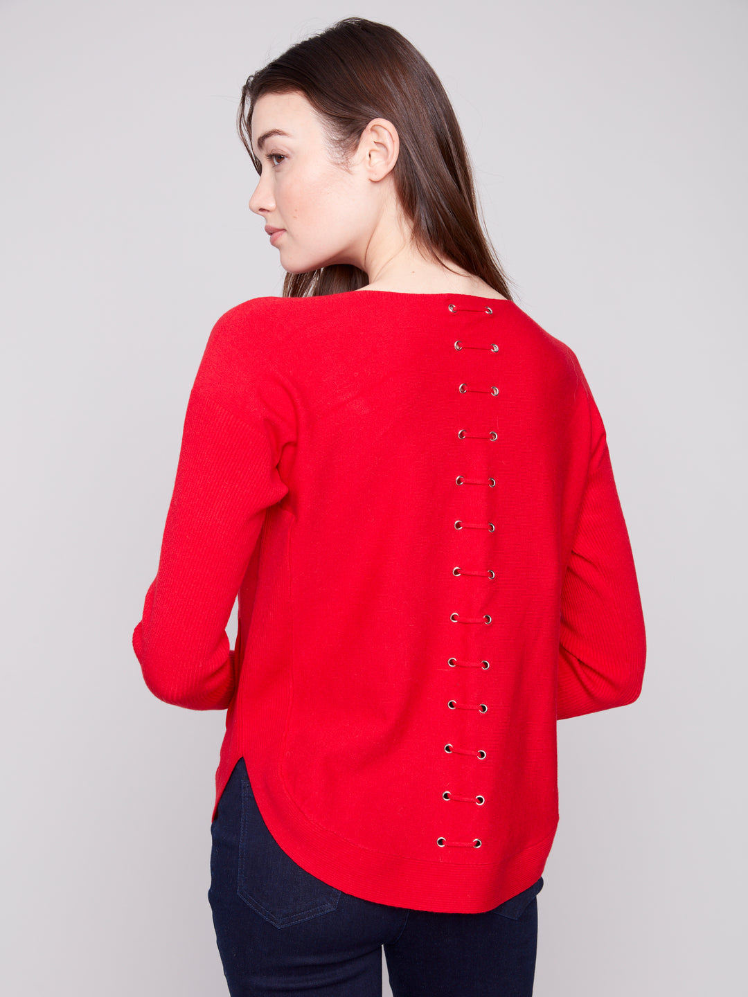 Crimson Lace-Up Back Plushy Knit Sweater