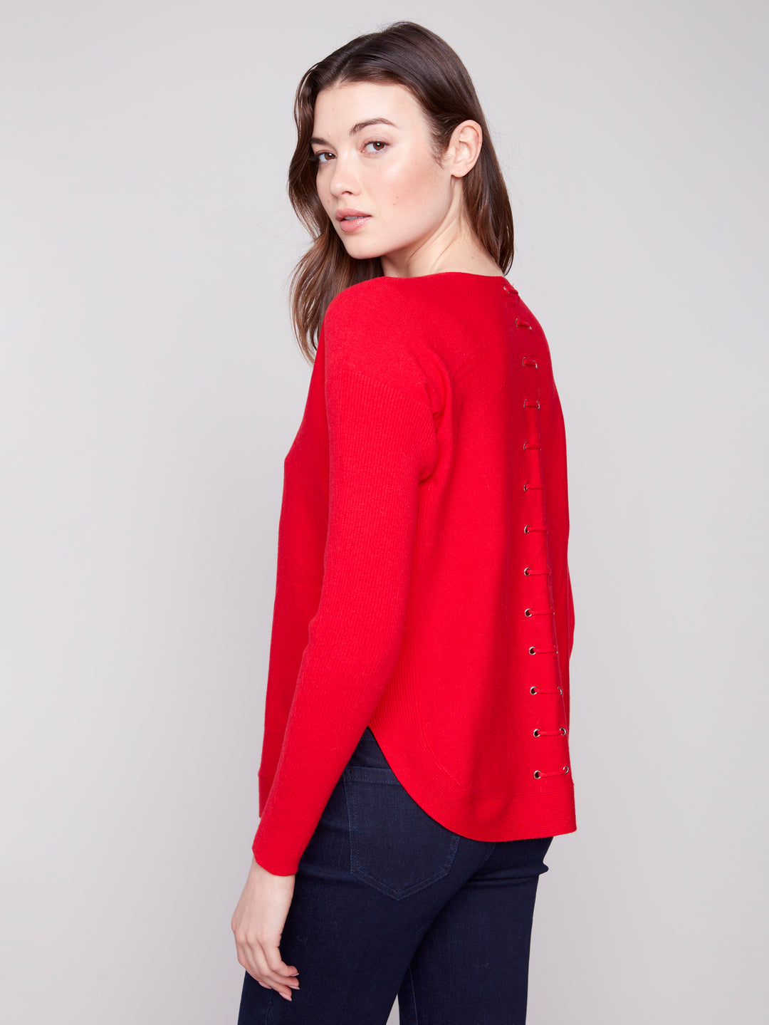 Crimson Lace-Up Back Plushy Knit Sweater