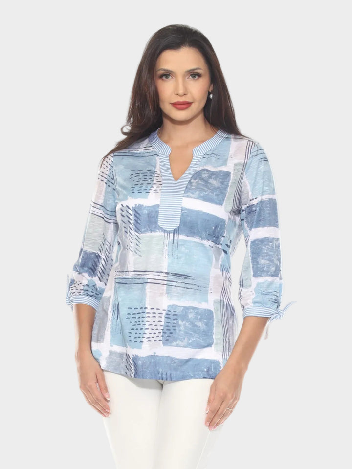 Cube Print Notch V-Neck Top