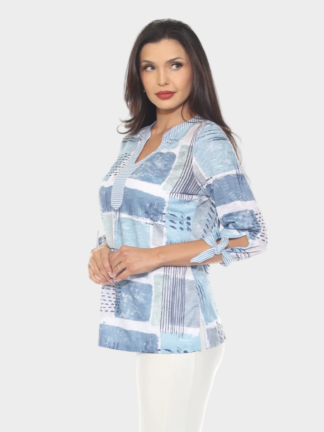Cube Print Notch V-Neck Top