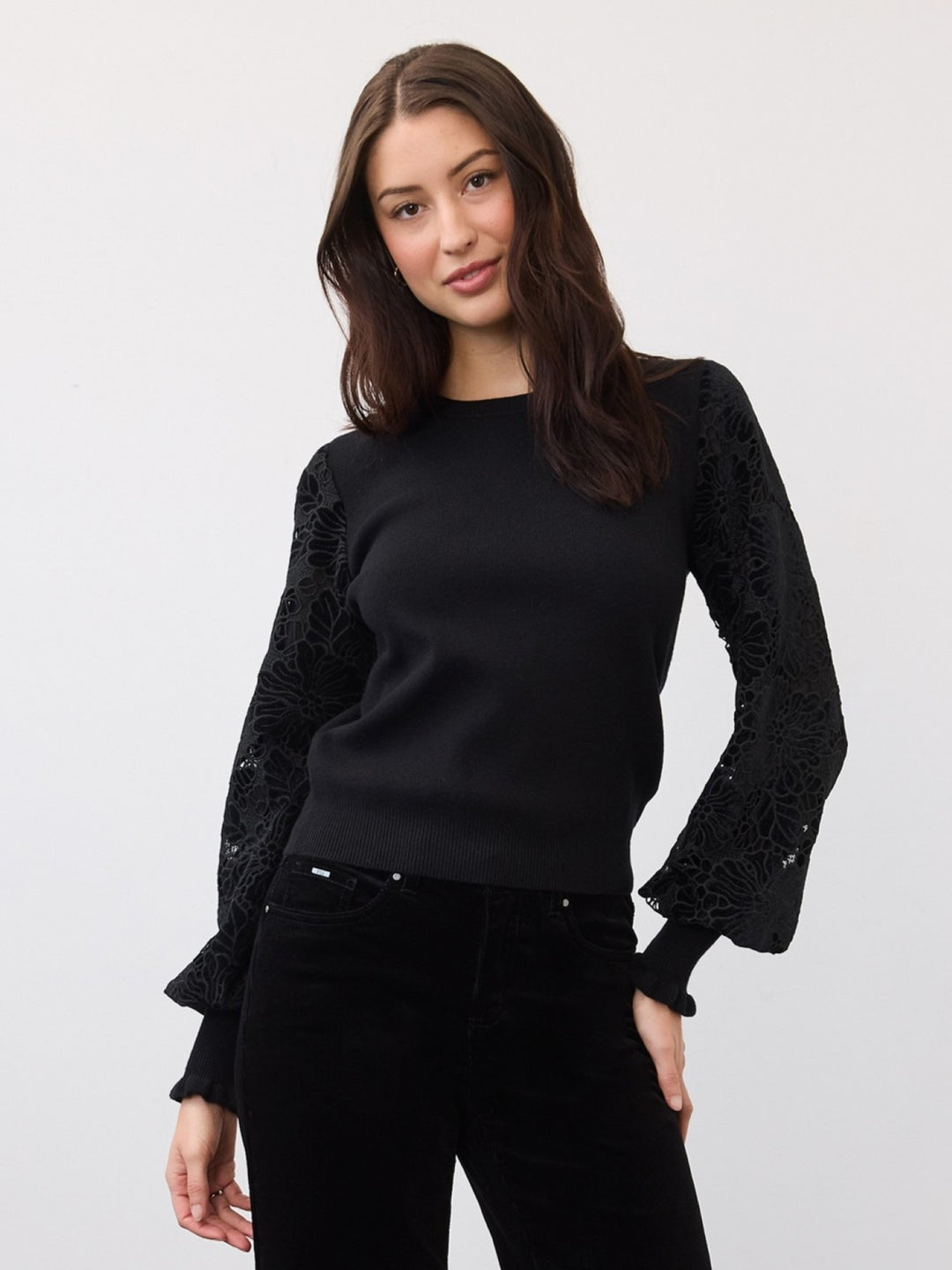 Cut Out Velvet Lace Sleeve Sweater