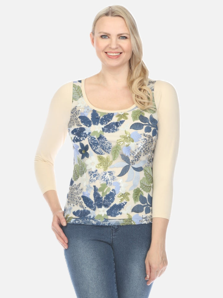 Daffy Sequin Floral Scoop Neck Top