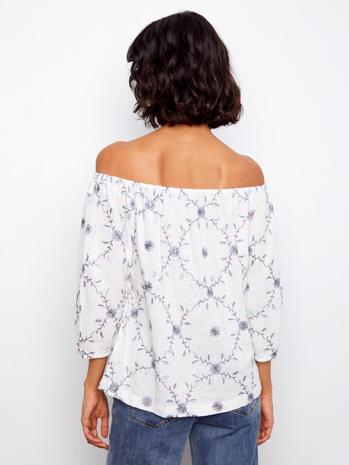 Daisy Embroidered Cotton Off Shoulder Blouse