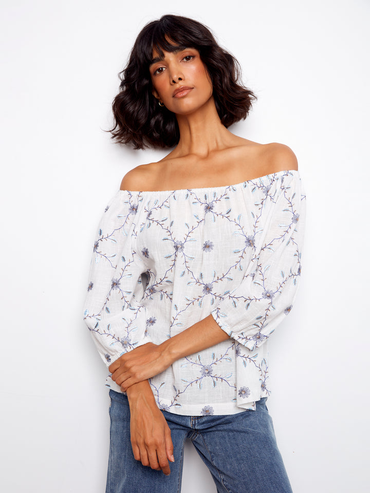 Daisy Embroidered Cotton Off Shoulder Blouse