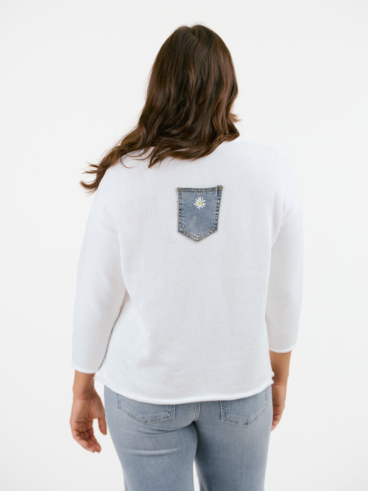 Daisy Embroidered Denim Pocket Sweater