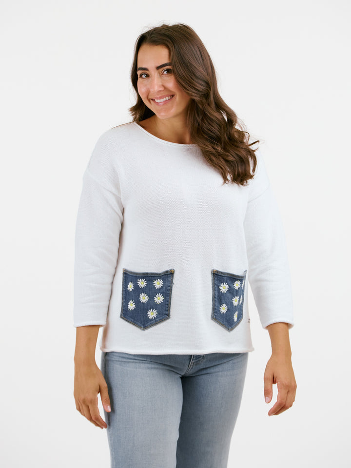 Daisy Embroidered Denim Pocket Sweater