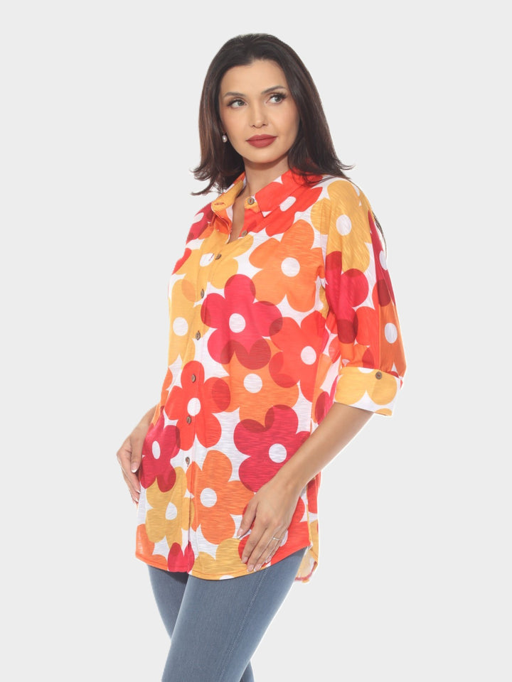 Daisy Print Button Up Tunic Shirt