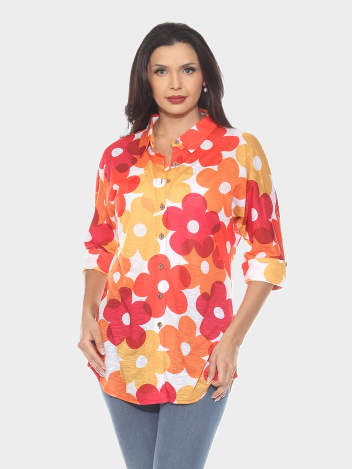 Daisy Print Button Up Tunic Shirt